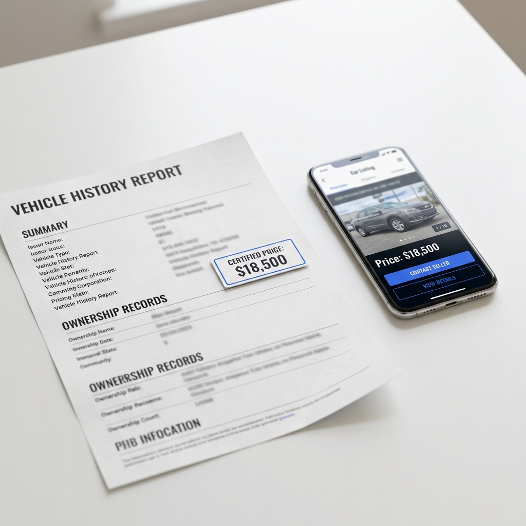 Close up of a vehicle history report and smartphone showing a pricing label for honda cars for sale on a clean white minimalist background