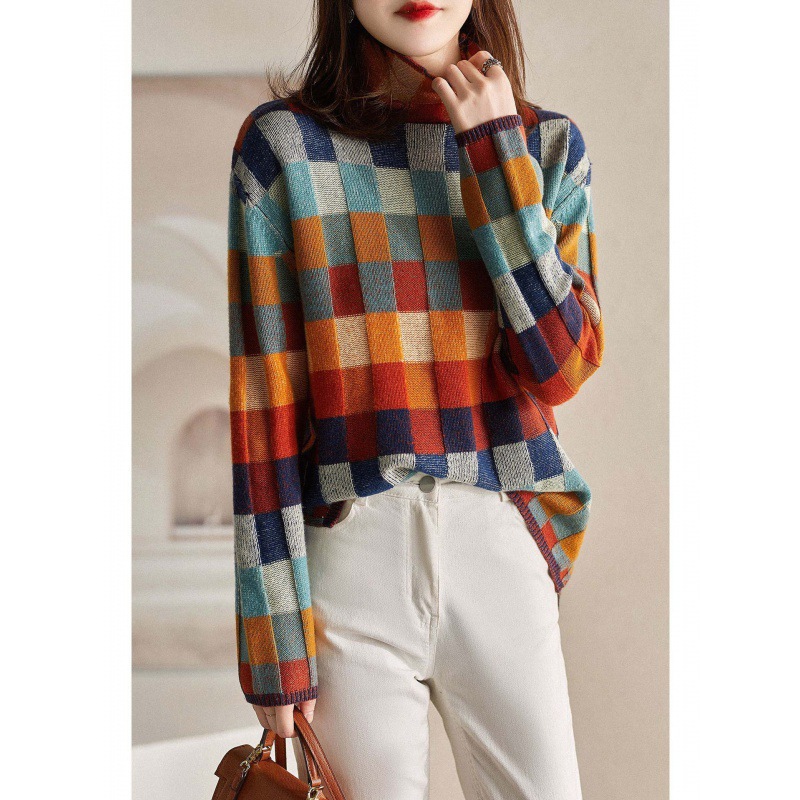 Women's Knit Sweater, Checkered Pattern, Roll Collar