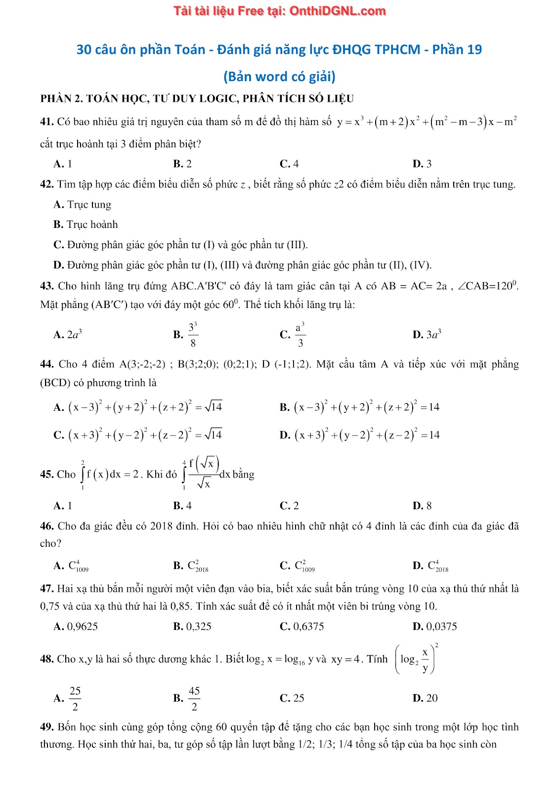 900 bài tập môn Toán - Ôn thi ĐGNL ĐHQG TP HCM Phần 19