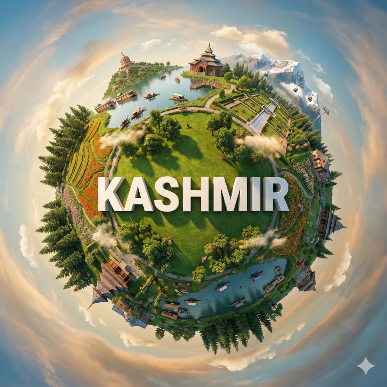 Crea un planeta miniatura hiperrealista que muestre [KASHMIR] con lugares emblemáticos famosos que se curvan sin interrupciones a su alrededor...
