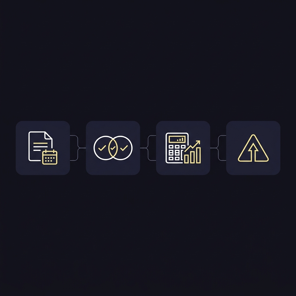 Minimalist 2D vector flowchart showing pre trade capture matching TCA calculation and exception escalation with distinct icons illustrating How to Compare Planned Trades with Actual Execution