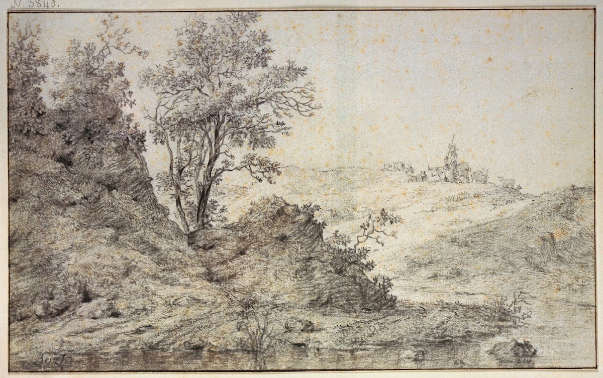 Landschaft mit Wasser auf dem Hügel Hirte und Hirtin mit Vieh