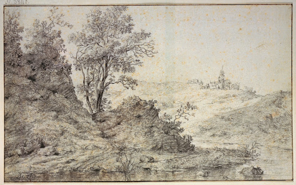 Landschaft mit Wasser auf dem Hügel Hirte und Hirtin mit Vieh
