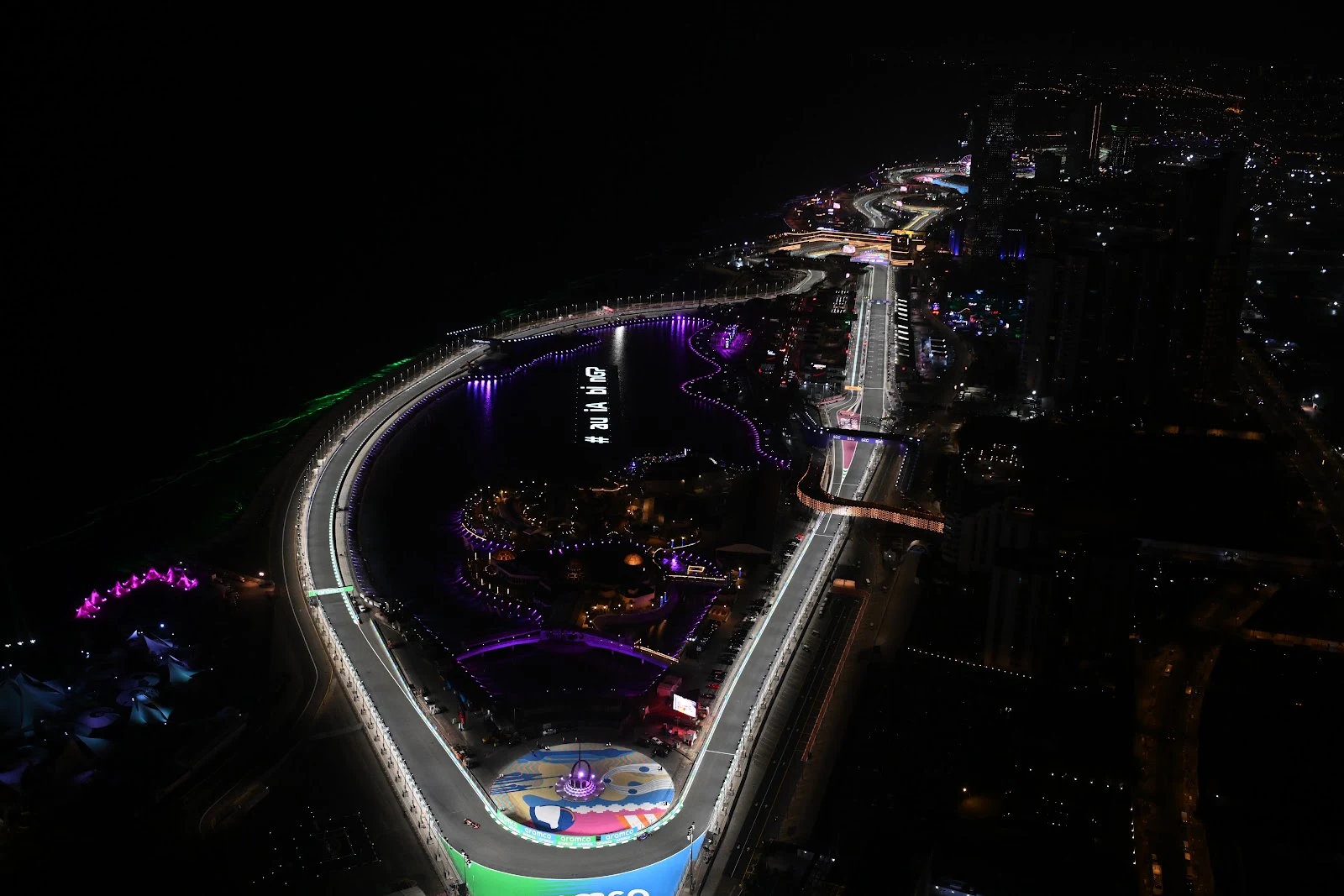 Jeddah Corniche Circuit at Night - Aerial Photography 8K Wallpaper (8256x5504)