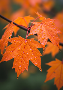 Close-up Wet Autumn Maple Leaves Orange Raindrops