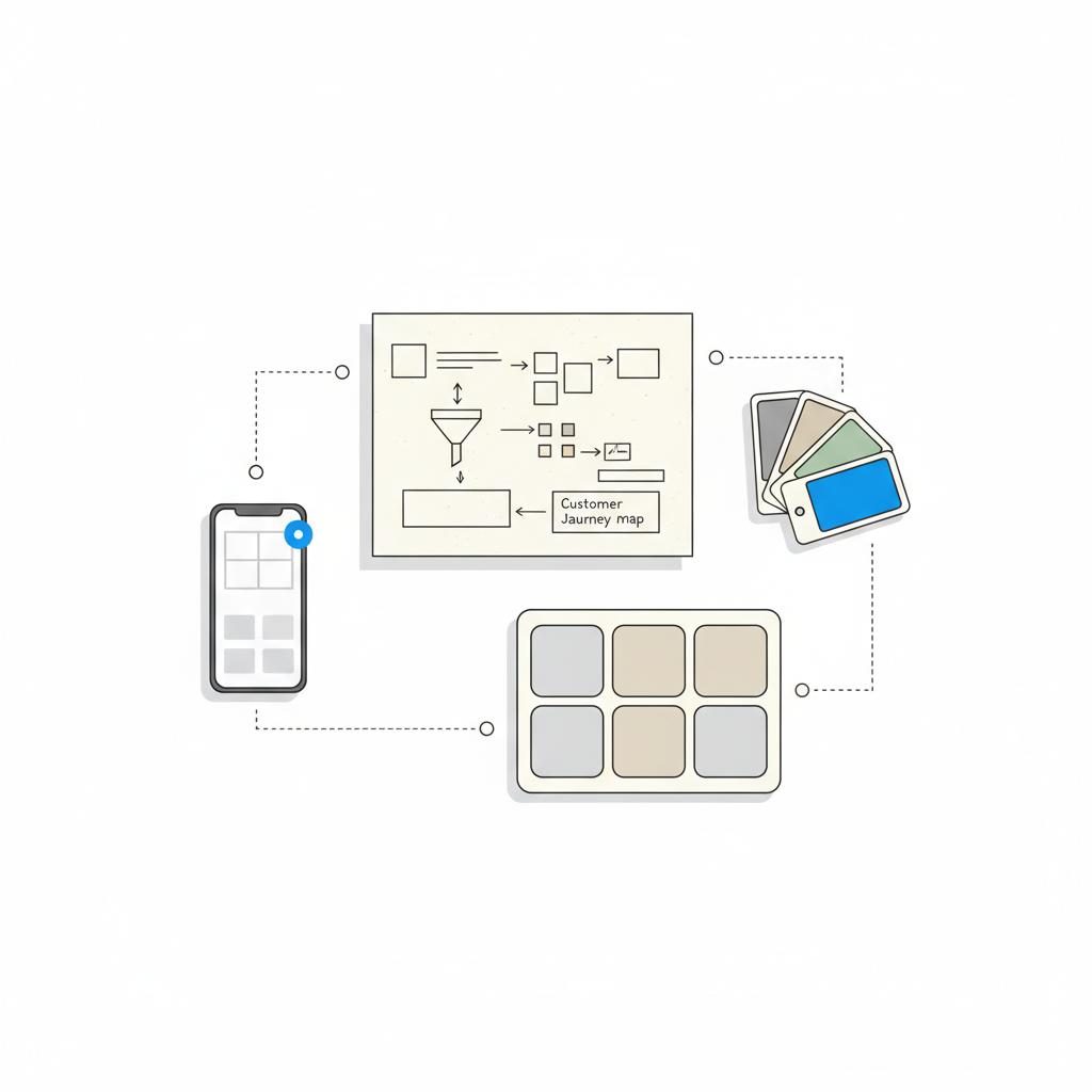 Minimal 2D vector collage of design tools on a white table: a sketchbook with workflow diagrams, swatch cards, a 3x3 thumbnail grid, and a smartphone with a blue notification dot &mdash; Angi vs HomeAdvisor