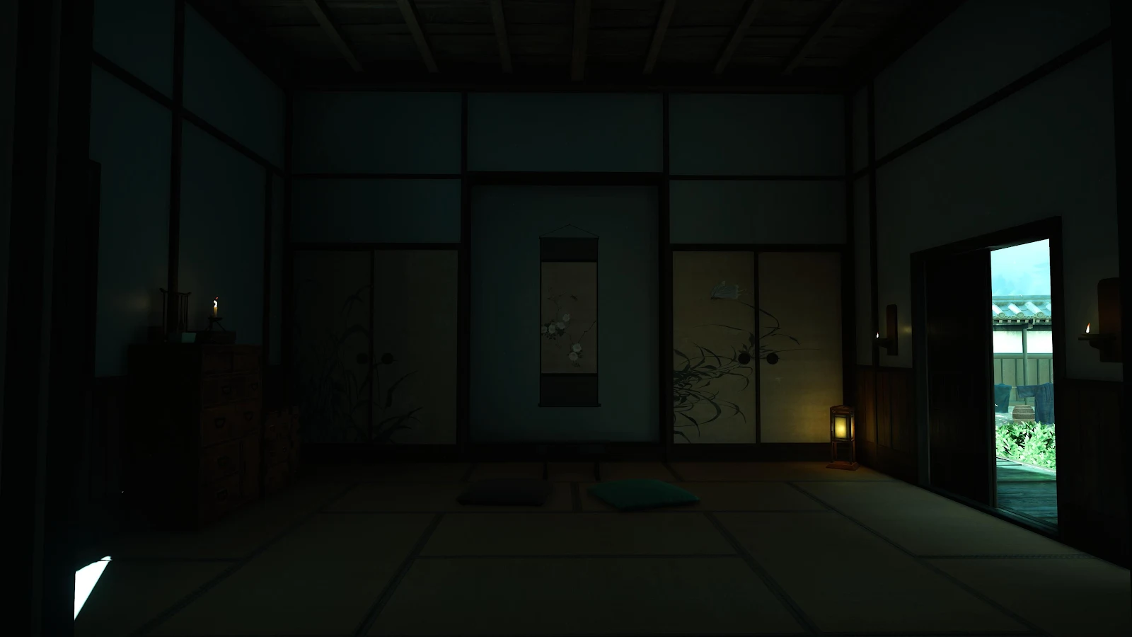 Dark Traditional Japanese Room Interior - Atmospheric 3D Render 4K Wallpaper (3840x2160)
