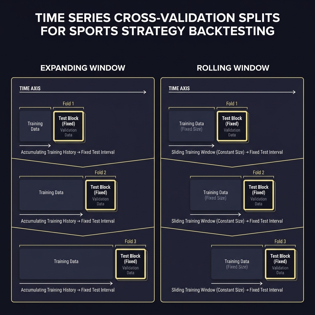 Diagram comparing expanding window and rolling window splits with labeled fold boundaries for walk-forward testing for sports strategies on a dark minimal Funded Plays style background