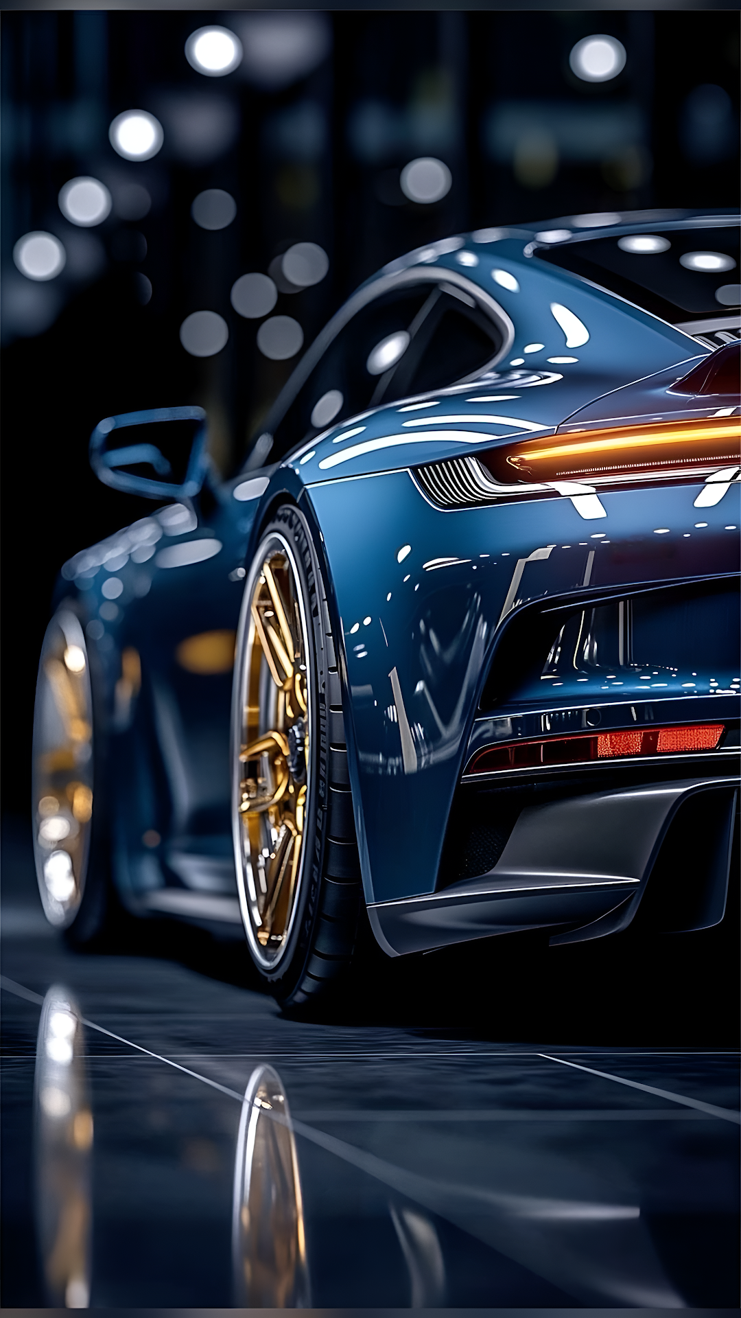 Midnight Blue Sports Car Golden Wheel Bokeh Reflection - Free 4K mobile Wallpaper