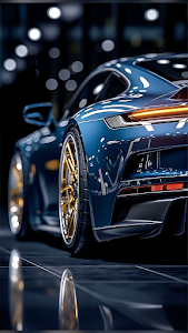 Midnight Blue Sports Car Golden Wheel Bokeh Reflection