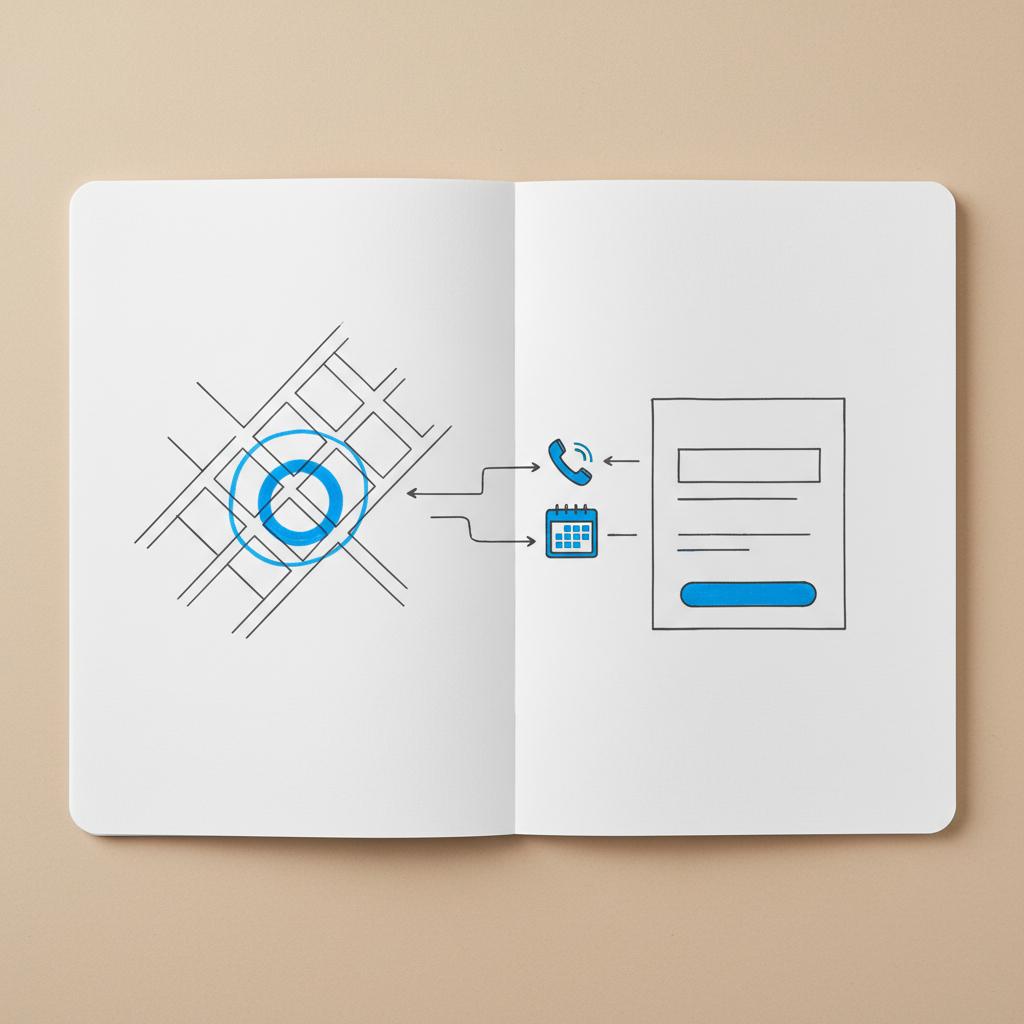 Can a sole trader advertise on Google? Notebook-style sketch of a town map with a highlighted service area circle, phone and calendar icons and arrows pointing to a simplified ad layout.