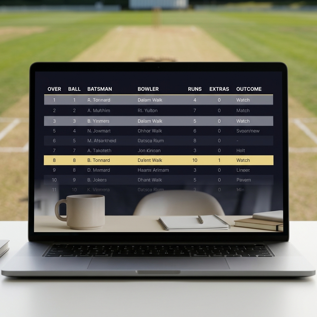 Close up laptop screen displaying ball by ball dataset table for cricket odds with blurred cricket pitch background in Funded Plays minimalist brand style