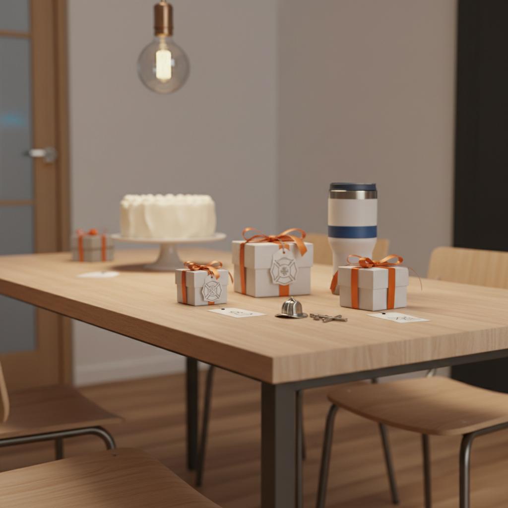 Aufgeräumter Esstisch mit feuerwehr geschenke: Nahaufnahme von Geschenkboxen mit Metallanhänger, Thermobecher und dezenten #0044CC/#ff9800 Akzenten vor hellem #FAFAFF Hintergrund.