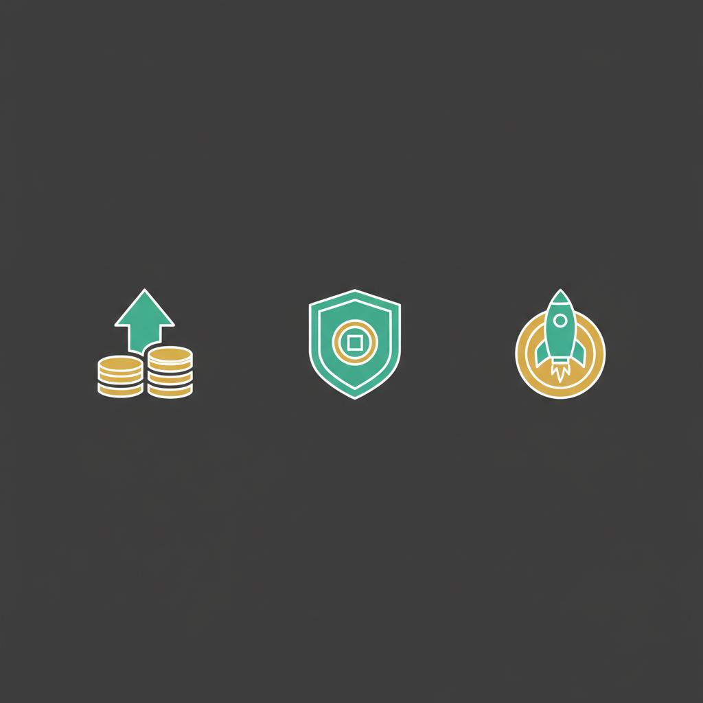 Three minimalist vector investor icons growth conservative speculative using Finance Police palette showing arrow shield and lightning representing stocks coin