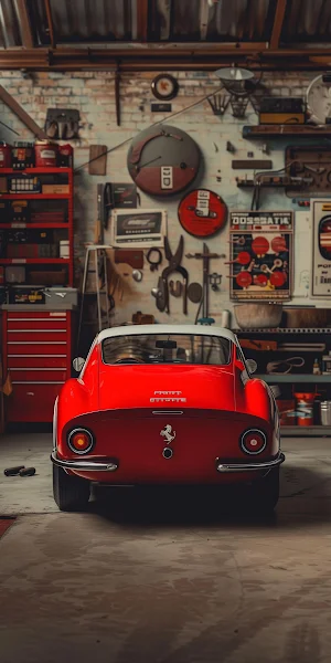 Ferrari, Classic Car, Garage, Auto Repair 4K iPhone Wallpaper Background
