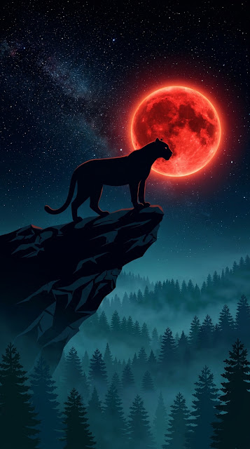 Black Panther Silhouette on Cliff under Red Full Moon and Stars - Free mobile Wallpaper