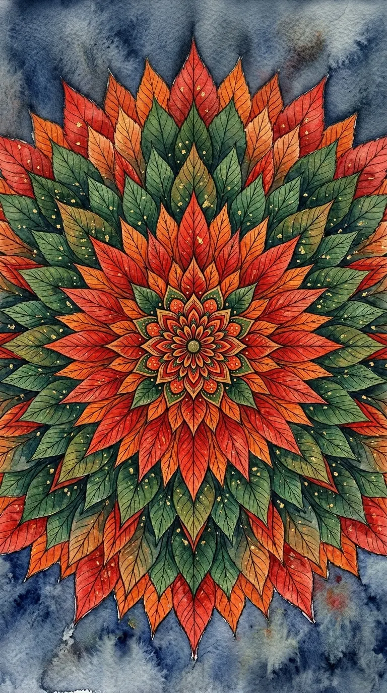 Symmetrical Watercolor Mandala Constructed from Colorful Autumn Leaves - Free 4K mobile Wallpaper
