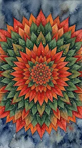 Symmetrical Watercolor Mandala Constructed from Colorful Autumn Leaves