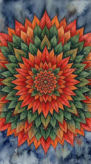 Symmetrical Watercolor Mandala Constructed from Colorful Autumn Leaves - Free mobile Wallpaper