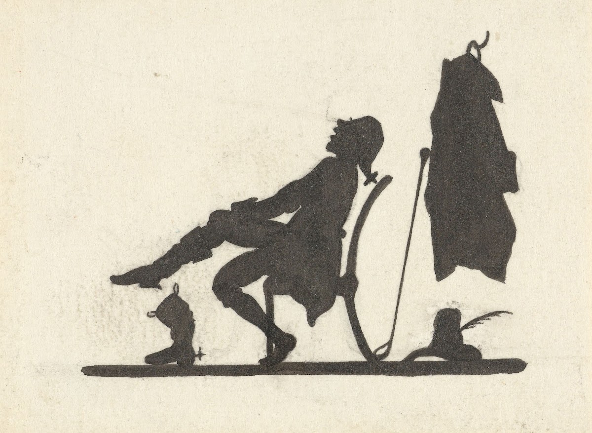 Silhouet van de man die zijn laarzen aantrekt 1884   1917