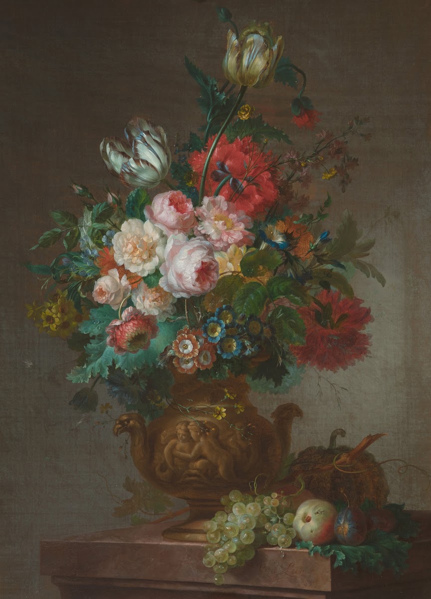 Still life with tulips and peonies in a vase on a ledge with fruit