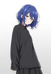 Anime Girl Blue Hair Yellow Eyes Black Clothes