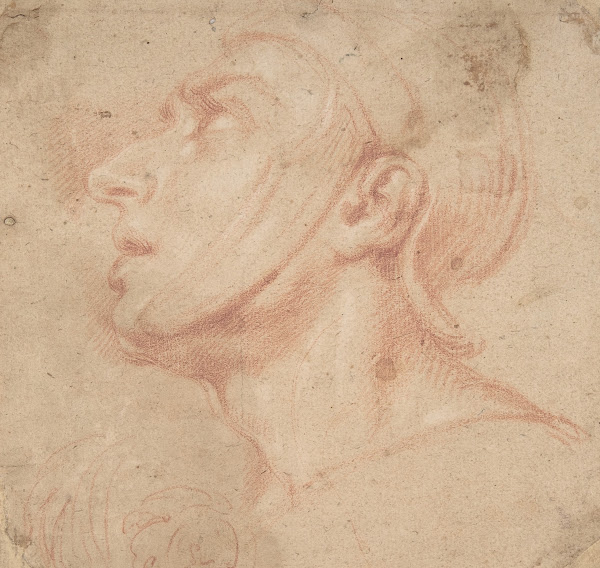 Head of a Man Wearing a Helmet Looking to Upper Left 162390