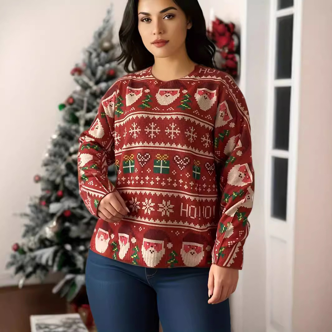 Lockerer Damen-Pullover mit Weihnachtsmann-Print