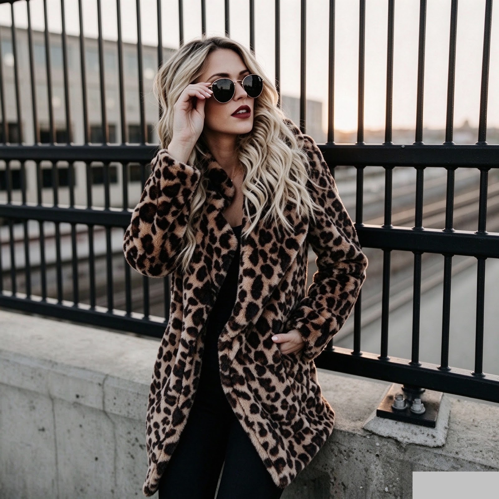 Women's Faux Fur Coat with Leopard Print and Lapel