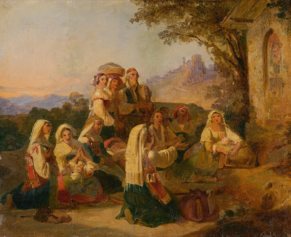 Italian peasants at prayer in front of a wayside shrine near Cervara 1834
