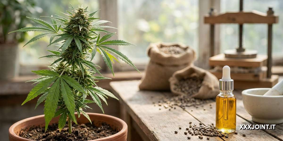 Pianta di cannabis sativa con evidenza delle parti usate per l’olio di CBD e confronto con olio di canapa