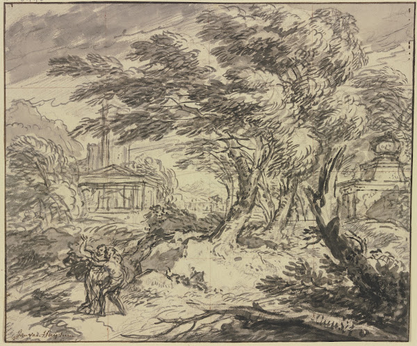 Landscape with ancient temple in a storm ca 1721