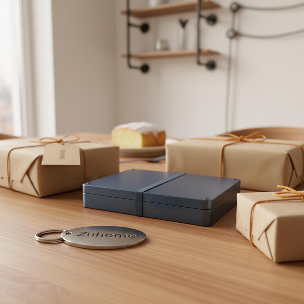 Nahaufnahme Esstisch mit graviertem Metall-Schlüsselanhänger und Metallbox, warme Holzoberfläche, dezente Steelmonks-Akzente, ideal als geschenk für onkel der schon alles hat