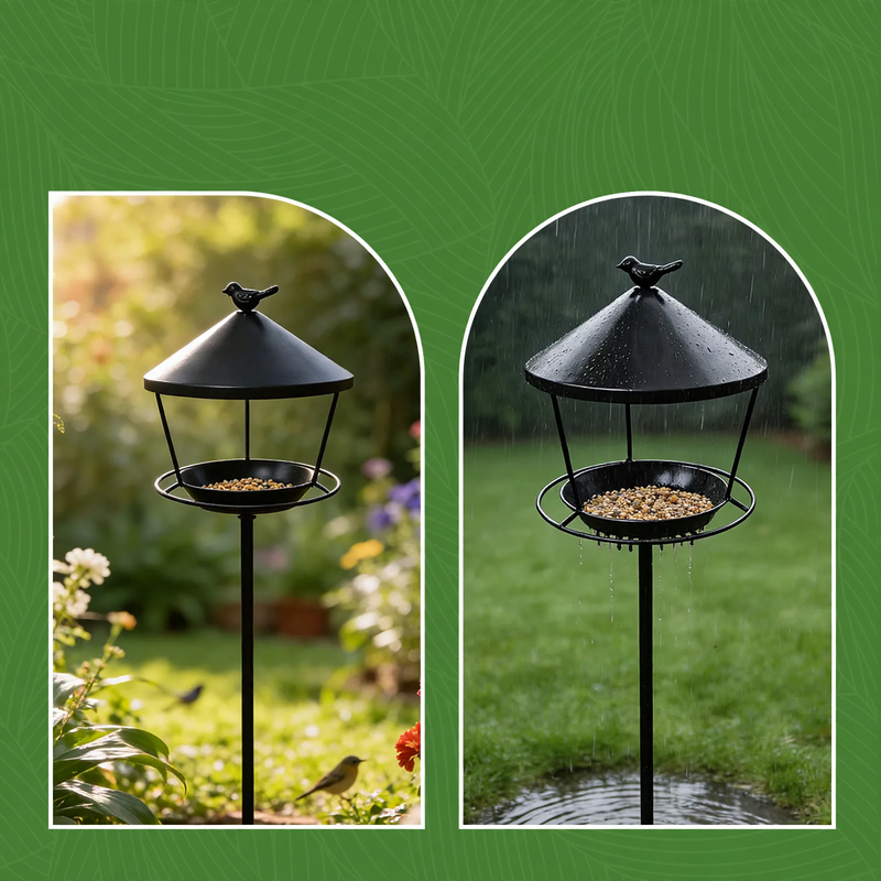 Bird feeding station with iron ground stake
