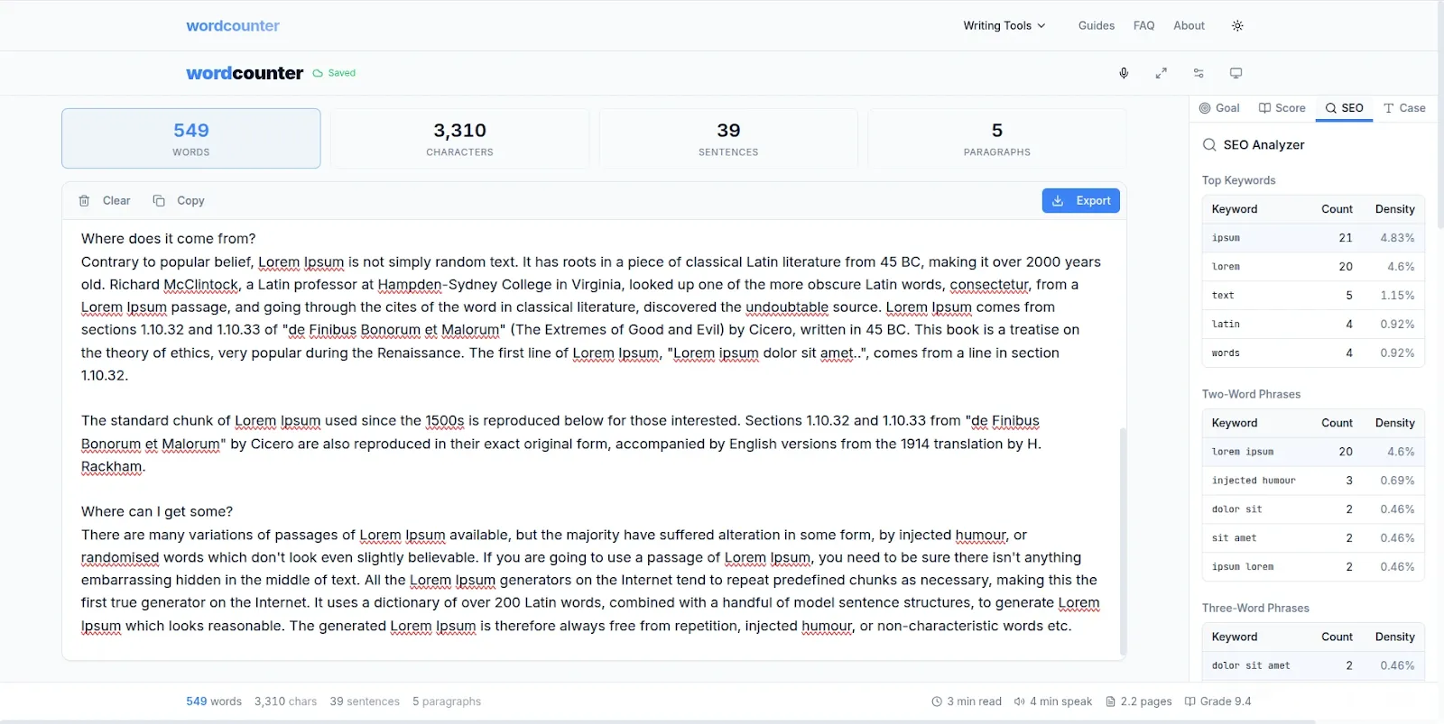 WordCounter readability checker showing good SEO readability score free no signup