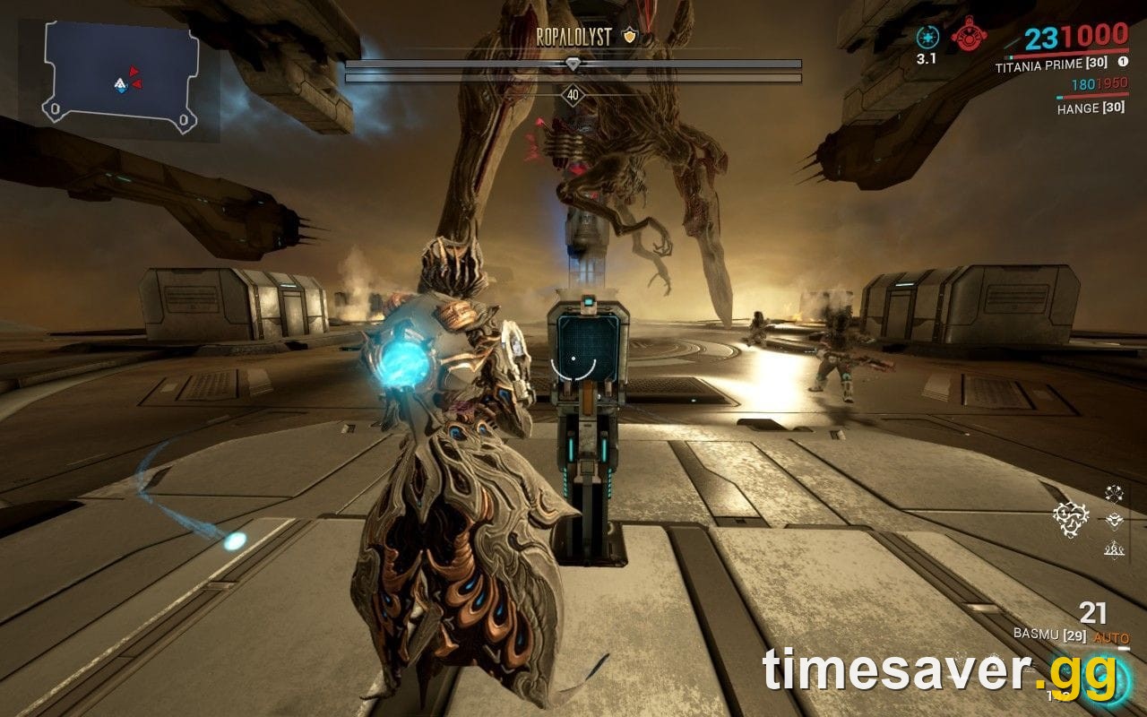 The Ropalolyst, the giant winged Sentient boss, looming over the Gas City arena on Jupiter