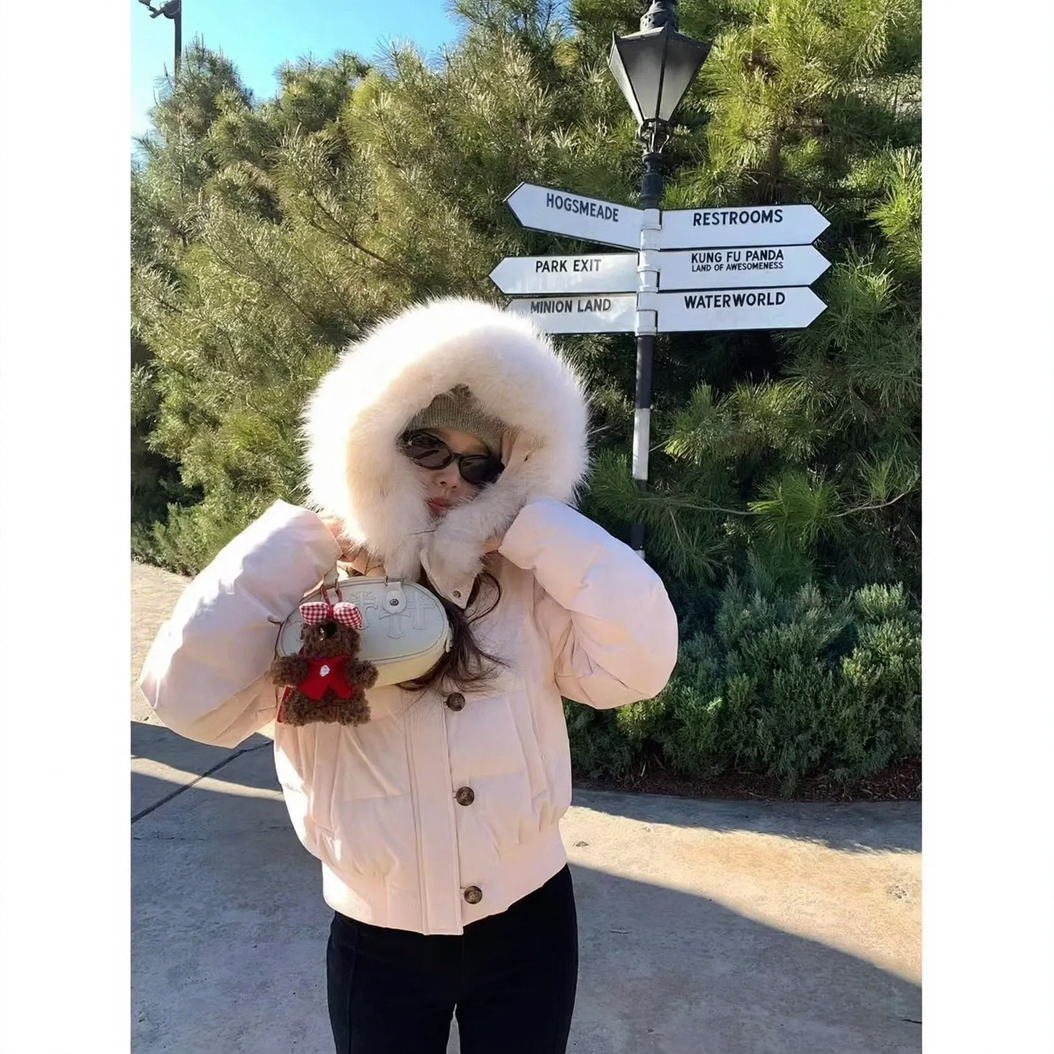Short women's winter jacket with large collar