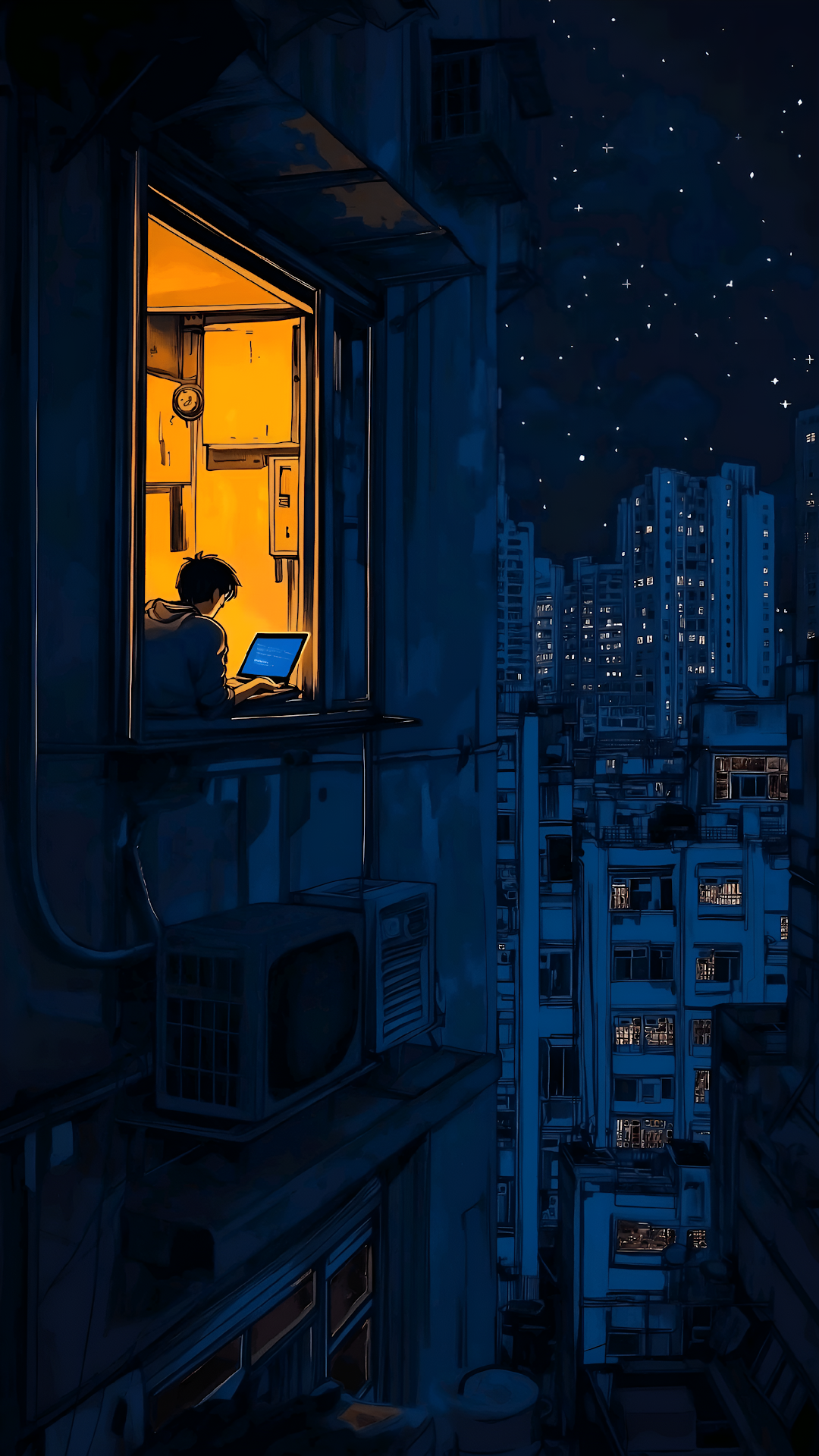 Lofi Night City View Man Working in Warm Yellow Window - Free 4K mobile Wallpaper