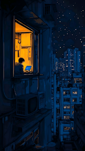 Lofi Night City View Man Working in Warm Yellow Window
