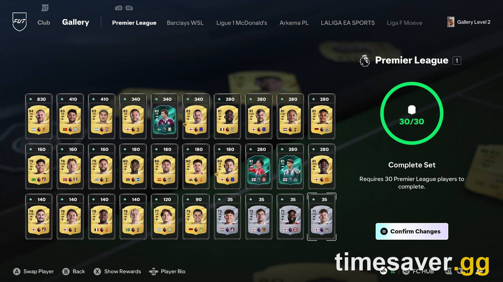 FC 27 Gallery Premier League set completed at 30 of 30 players, with the Complete Set requirement met and the Swap Player and Confirm Changes options available