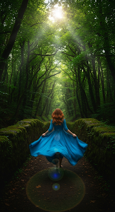 Magical Rear View of a Woman in a Flowing Blue Dress Running Across a Mossy Stone Forest Bridge