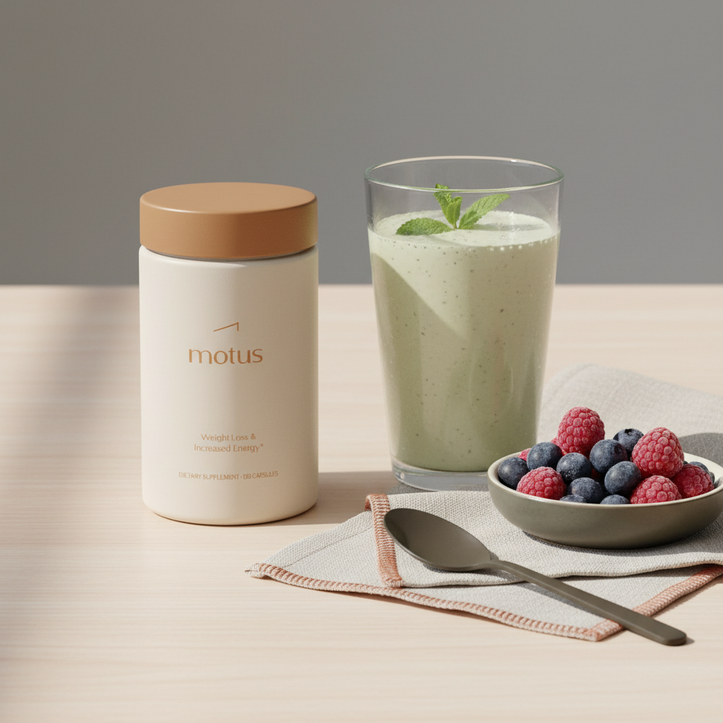 Minimal tabletop photo of Motus supplement jar beside a prepared protein shake, frozen berries on a dish and linen napkin on a soft #F2E5D5 background — 7 day protein shake results