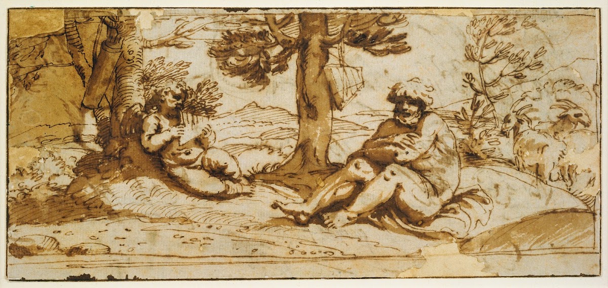 Amor Playing the Flute and Silen in an Arcadian Landscape ca 1597  1600