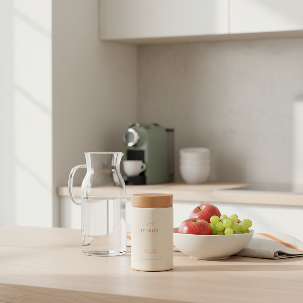 Minimal kitchen scene with Tonum supplement jar on a light wood counter beside a glass carafe and fruit bowl, minimalist morning wellness photo — culturelle probiotics benefits