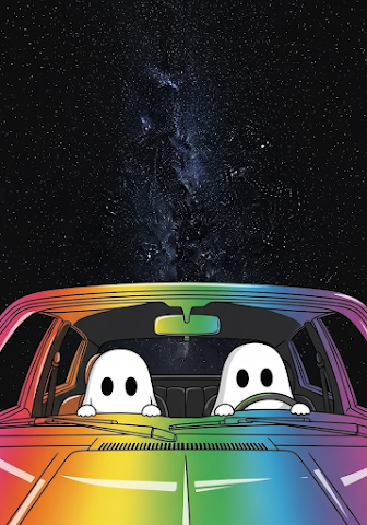 Whimsical Ghosts in Rainbow Car