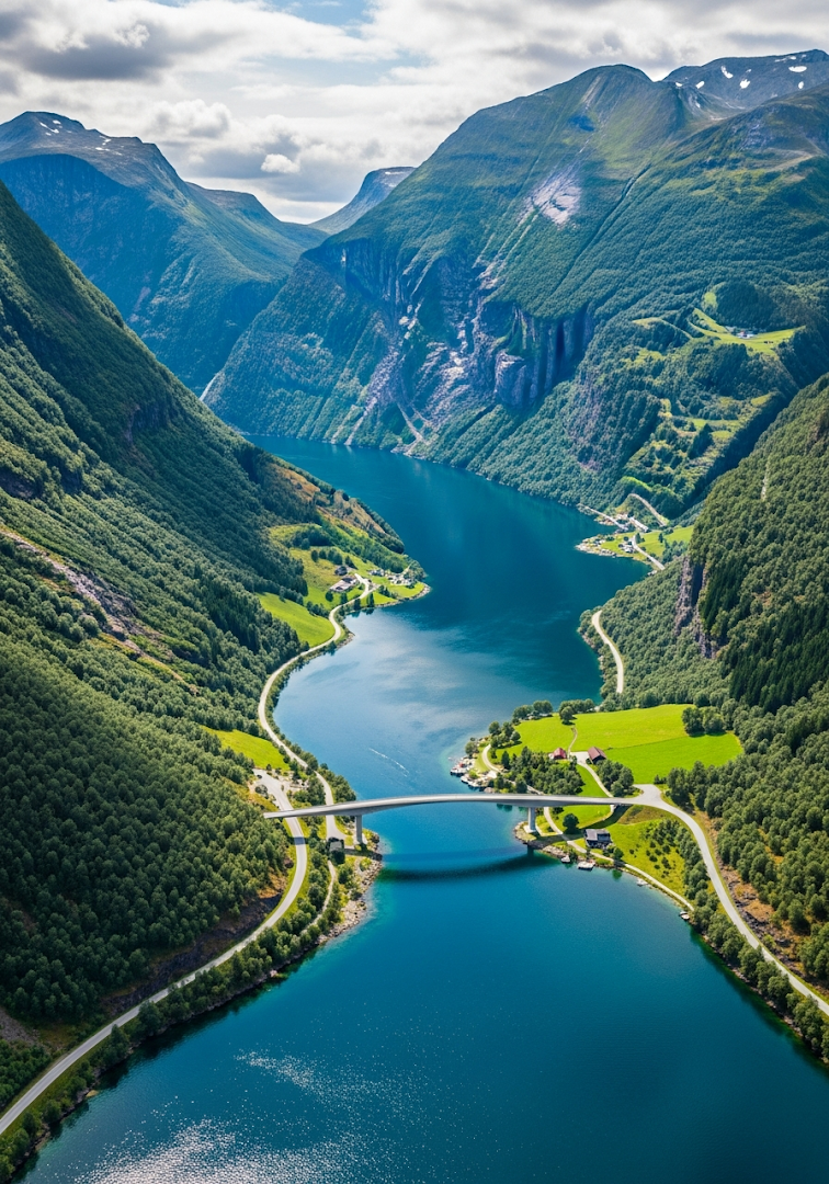 Norwegian Fjord Bridge and Valley Aerial
