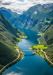 Norwegian Fjord Bridge and Valley Aerial