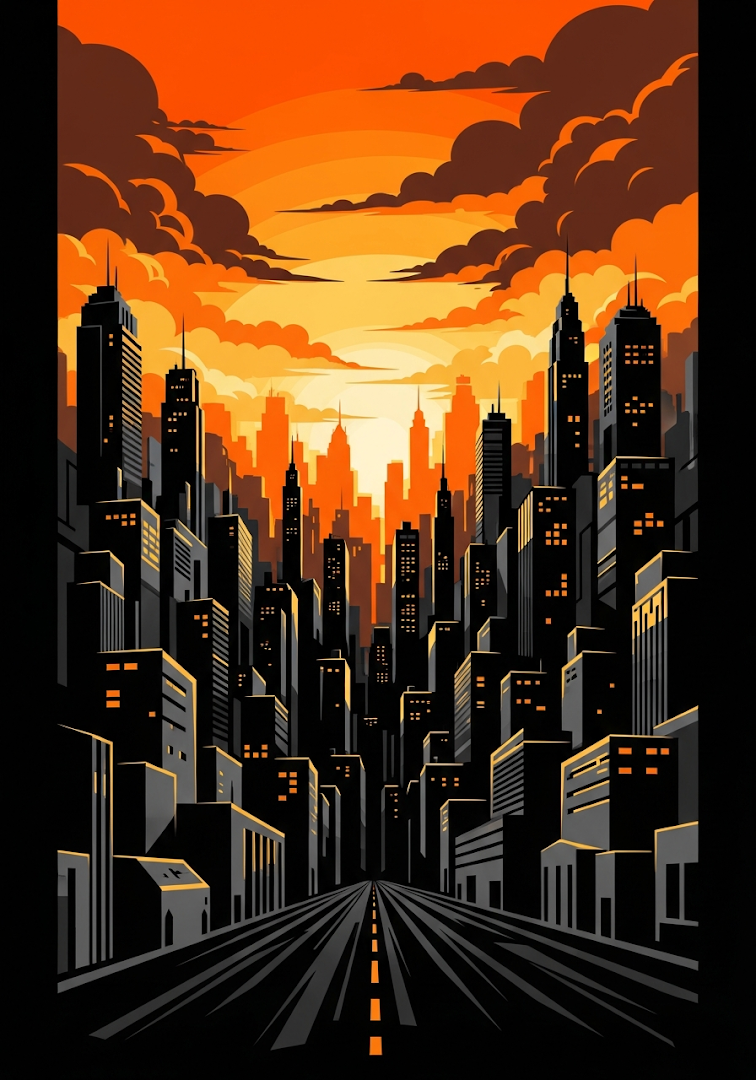 Urban Skyline Orange Sunset Noir