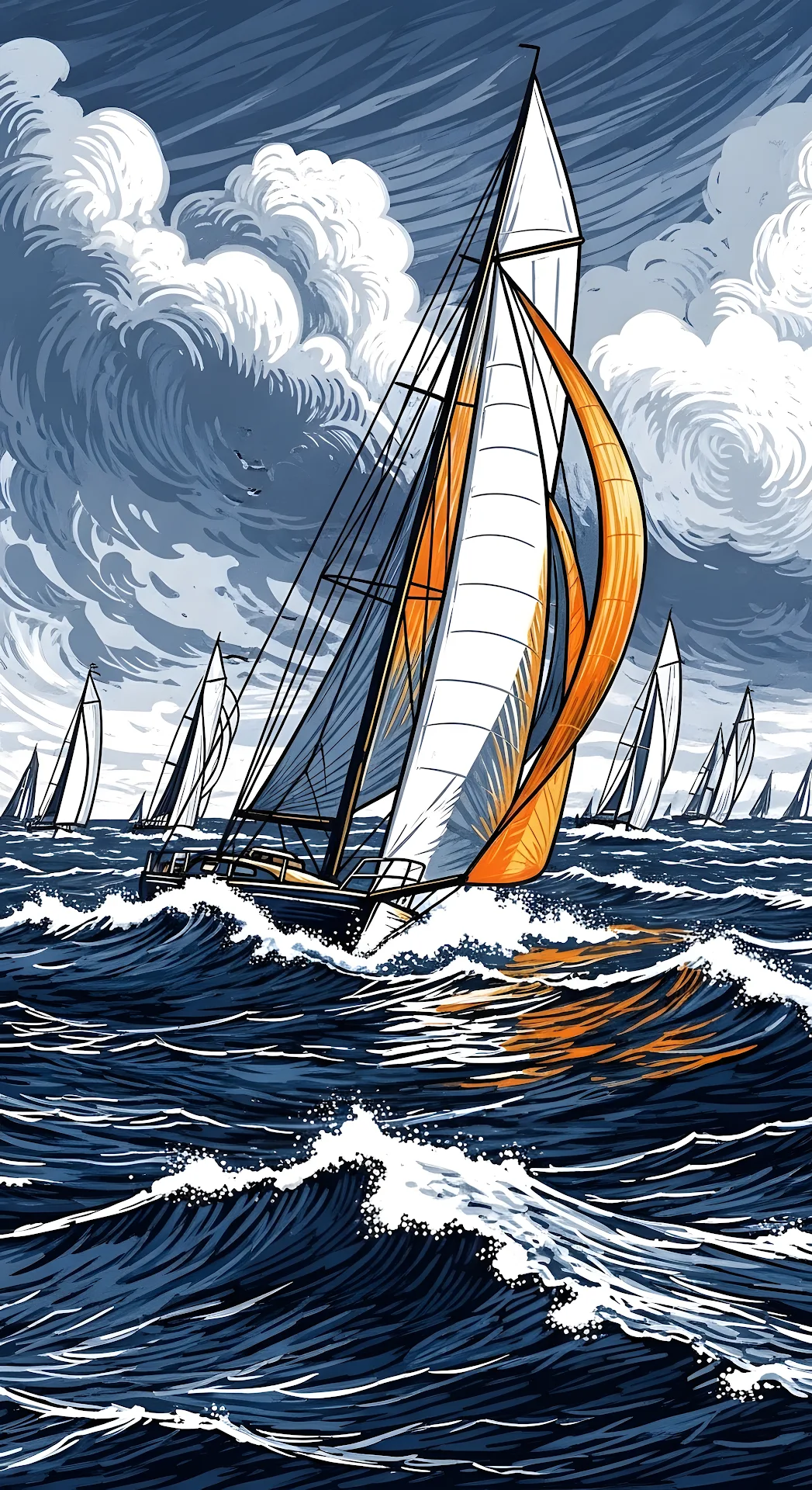 Dynamic Sailboat Race on Stormy Blue Ocean Waves - Free 4K mobile Wallpaper