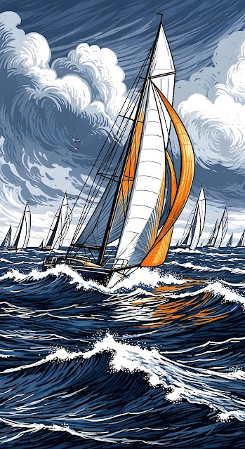 Dynamic Sailboat Race on Stormy Blue Ocean Waves - Free mobile Wallpaper